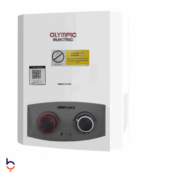 سخان غاز أوليمبيك إليكتريك 6 لتر هيرو فلو ديجيتال بدون مدخنة (أدبتر)الغاز أبيض - OLY6GASWA