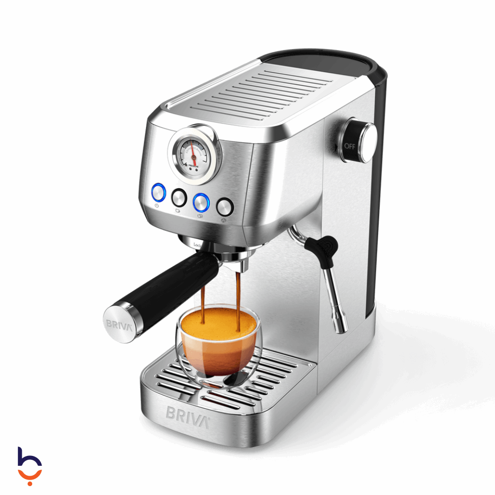 Coffee Machine Briva 1.3 L - 1350 W Slim Design,20 Bar,Integrated Milk Frother,1.3L Water Tank - BRIVAMOOCA-87885 Silver