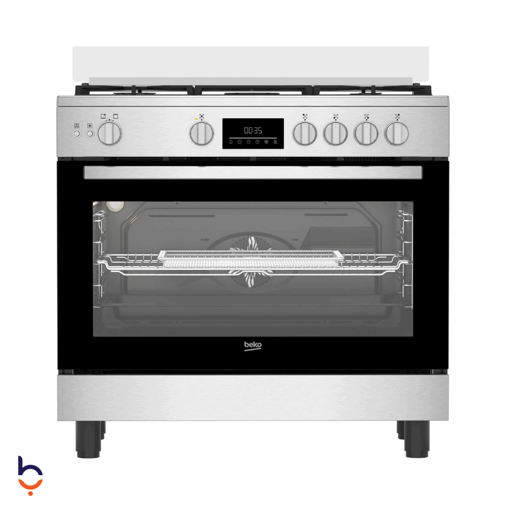 بوتجاز بيكو 60&#215;90 سم 5 شعلة, امان كامل , ديجيتال , 2 مروحه اير فراير , ستانلس ستيل , حوامل زهر , BGGR 11225 GXA فضي X اسود