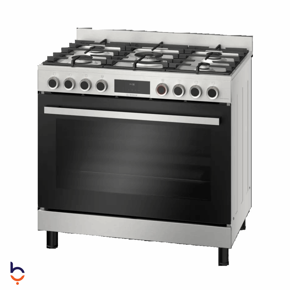 بوتجاز بوش 90*60 سم سيريس 8 ، 5 شعلة ، شاشة ديجيتال ، حوامل زهر ، مروحه فرن ، تنظيف ذاتى - HIZ5G7W51S استانلس ستيل