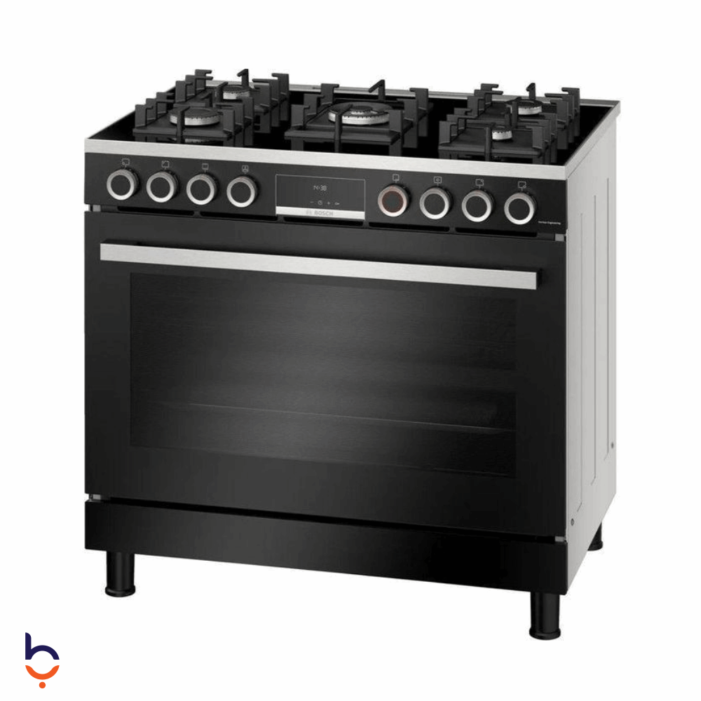 بوتجاز بوش 90&#215;60 سم سيريس 8 ، 5 شعلة ، شاشة ديجيتال ، امان تام ، حوامل زهر ، مروحه فرن ، HJY5G7V61S أسود