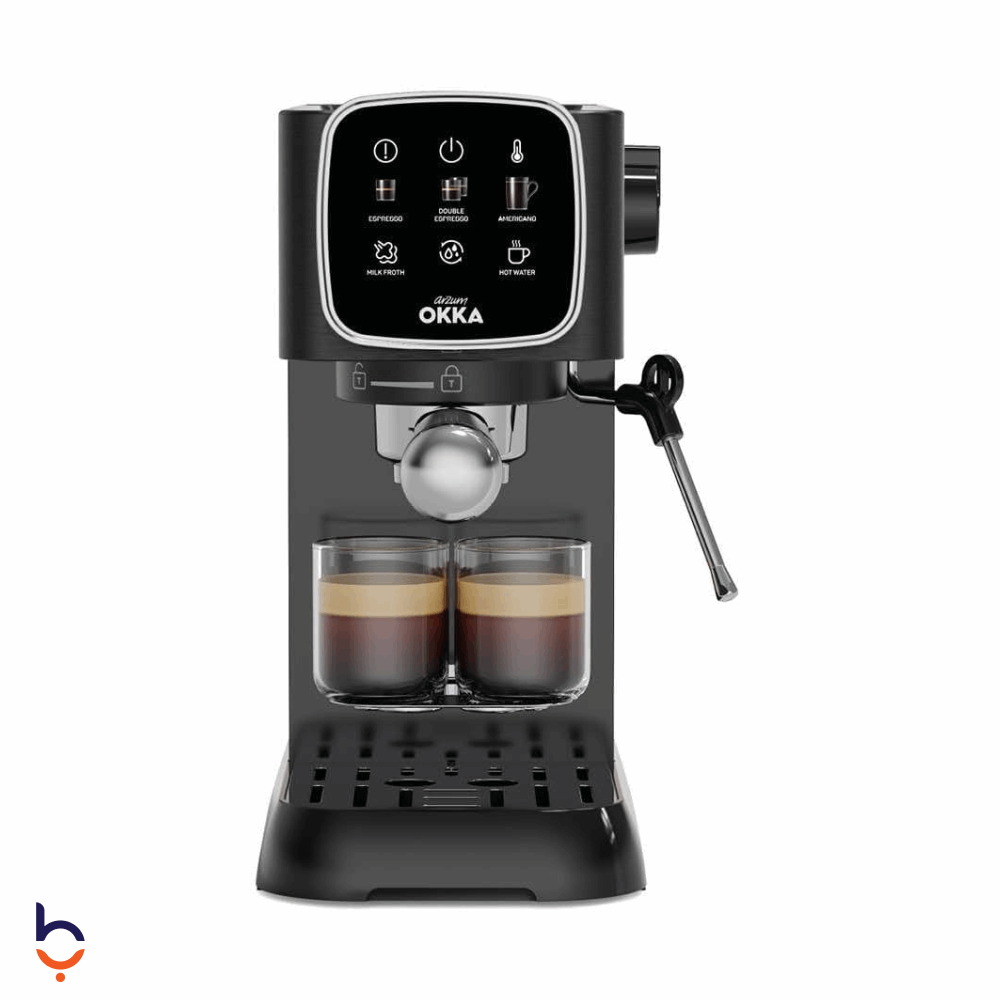 ماكينة صنع القهوة أرزوم أوكا 1628 وات إسبريسو سولو - نصف أوتوماتيك , 2 كوب، OK0034-0500 أسود و فضي