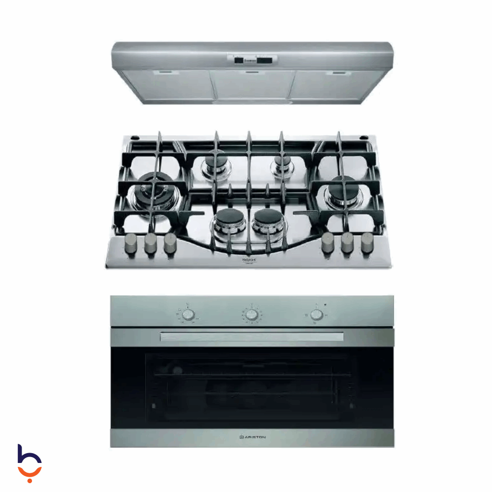طقم بلت ان أريستون 3 قطع 1MARBLBL مسطح 90 سم 6 شعلة - PHN961TS/IX/A + فرن 90 سم - GGSM53IXA30+ شفاط 90 سم - SL 191 L P IX