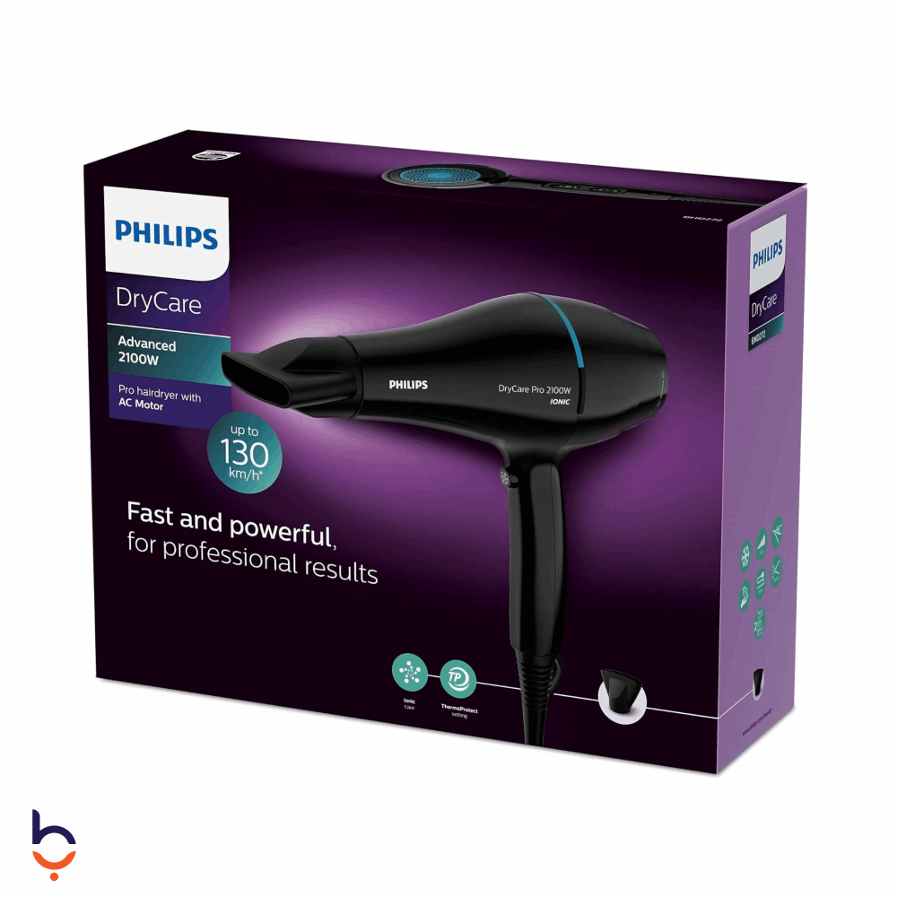 مجفف شعر فيليبس 2100 وات يتميز بمحرك احترافي يعمل بتيار متردد وتقنية العناية الأيونية BHD272 أسود